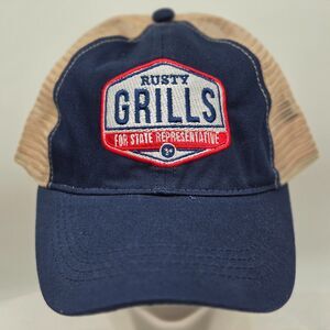 Rusty Grills Old Style Hospitality Trucker Hat HitWear Navy Tan Mesh Snapback